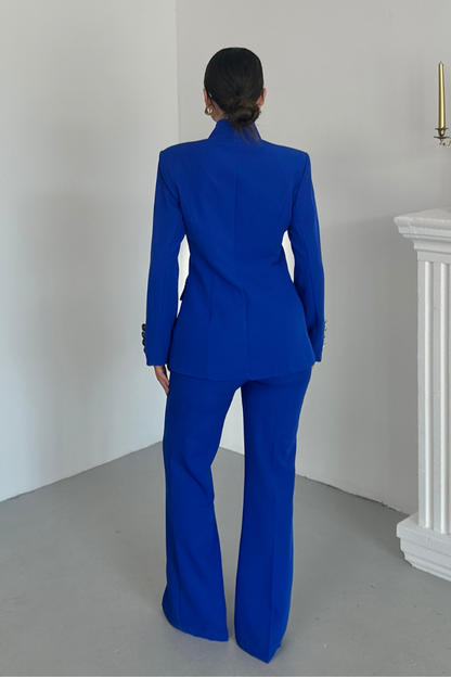 Kadın İkili Takım Şık Düğme Detaylı Dik Yaka Blazer Ceket Bol Paça Pantolon Takım