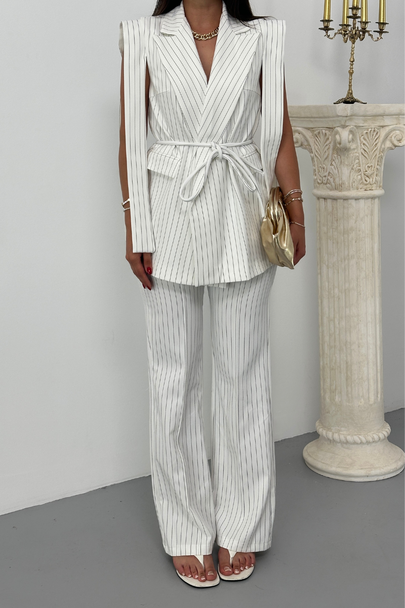 Kadın Alt Üst İkili Takım Çizgili Omuz Detaylı Kuşaklı Yelek Pantolon Takım