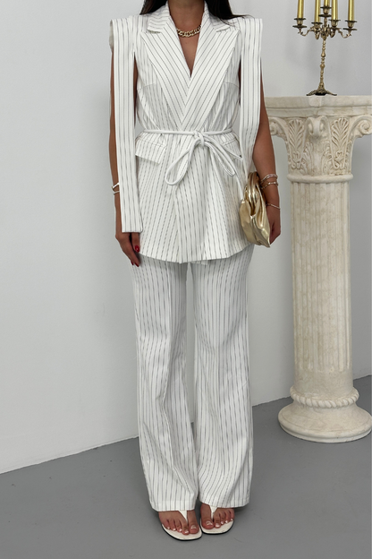Kadın Alt Üst İkili Takım Çizgili Omuz Detaylı Kuşaklı Yelek Pantolon Takım