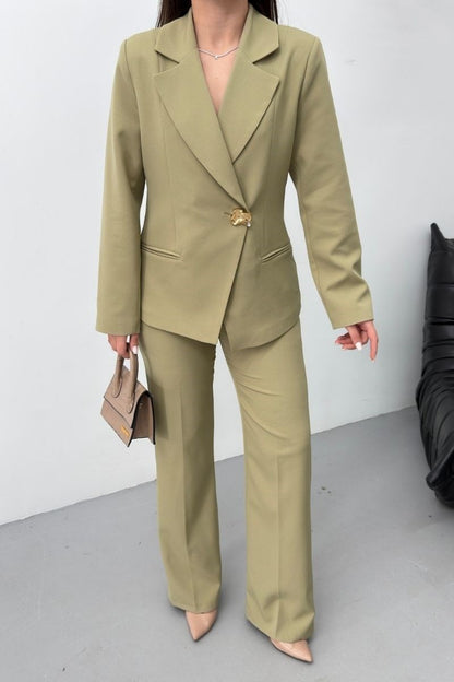 Kadın İkili Alt Üst Takım Şık Gold Düğmeli Fleto Cepli Blazer Ceket Bol Paça Pantolon Takım