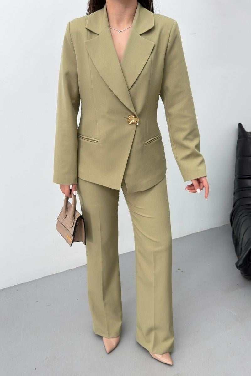 Kadın İkili Alt Üst Takım Şık Gold Düğmeli Fleto Cepli Blazer Ceket Bol Paça Pantolon Takım