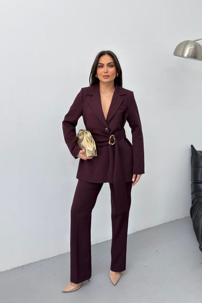 Kadın İkili Alt Üst Takım Şık Gold Tokalı Kuşaklı Blazer Ceket Bol Paça Pantolon Takım