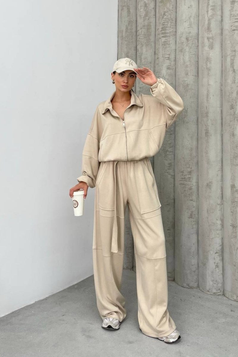 Kadın Eşofman Takımı Bol Paça Büyük Cepli Kemerli Soft Touch İkili Takım BEJ