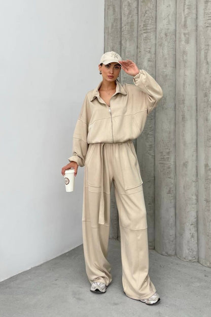 Kadın Eşofman Takımı Bol Paça Büyük Cepli Kemerli Soft Touch İkili Takım BEJ
