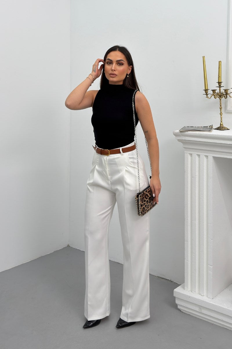 Kadın Pantolon Kemerli Pile Detaylı Çift Cepli Bol Paça Pantolon