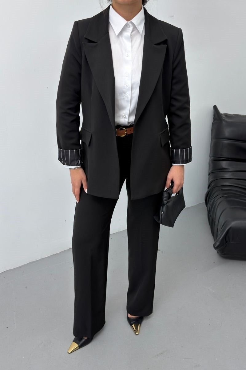 Kadın İkili Alt Üst Takım Kemerli Çizgili Astarlı Cep Detaylı Regular Blazer Ceket Pantolon Takım