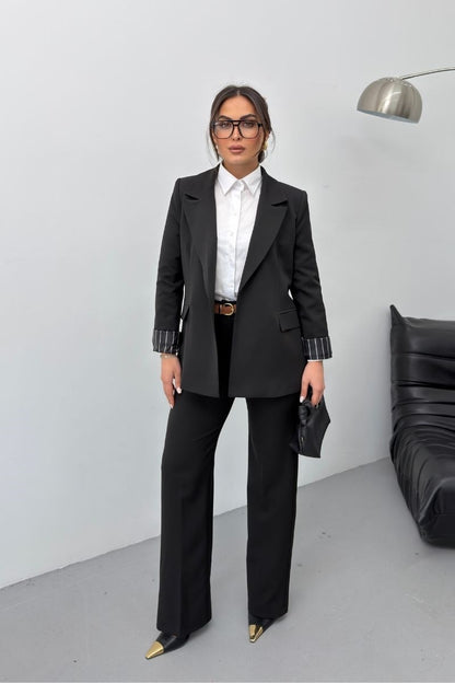 Kadın İkili Alt Üst Takım Kemerli Çizgili Astarlı Cep Detaylı Regular Blazer Ceket Pantolon Takım