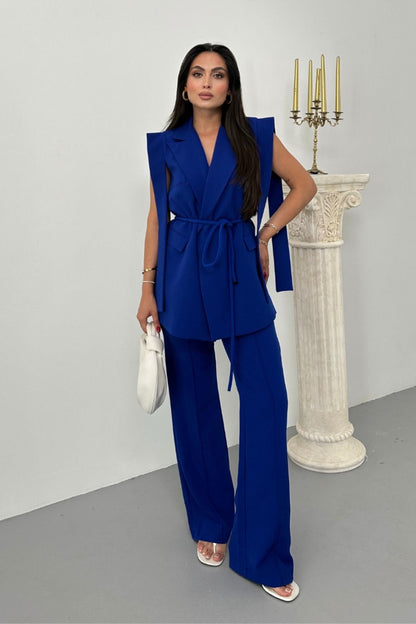 Kadın Alt Üst İkili Takım Omuz Detaylı Kuşaklı Yelek Pantolon Takım Saks Mavisi