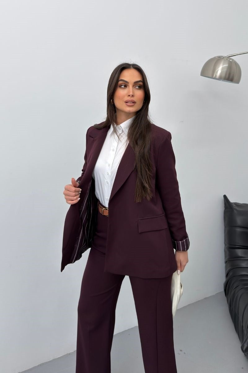 Kadın İkili Alt Üst Takım Kemerli Çizgili Astarlı Cep Detaylı Regular Blazer Ceket Pantolon Takım