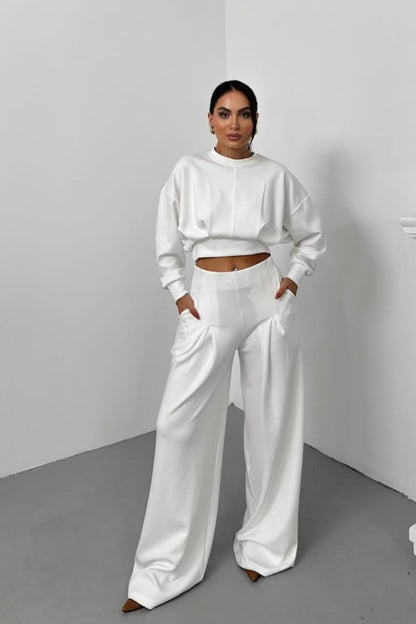 Kadın İkili Alt Üst Takım Modal Kumaş Düşük Omuz Bisiklet Yaka Crop Üst Piliseli Yüksek Bel Geniş Paça Cepli Pantolon Takım