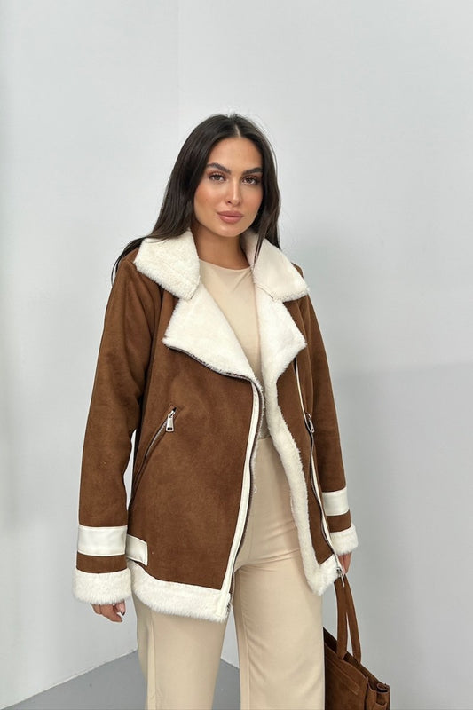 Kadın Süet Mont Oversize İçi Kürklü Fermuarlı Cepli Kol Detaylı Ceket Yaka Kışlık Kaban