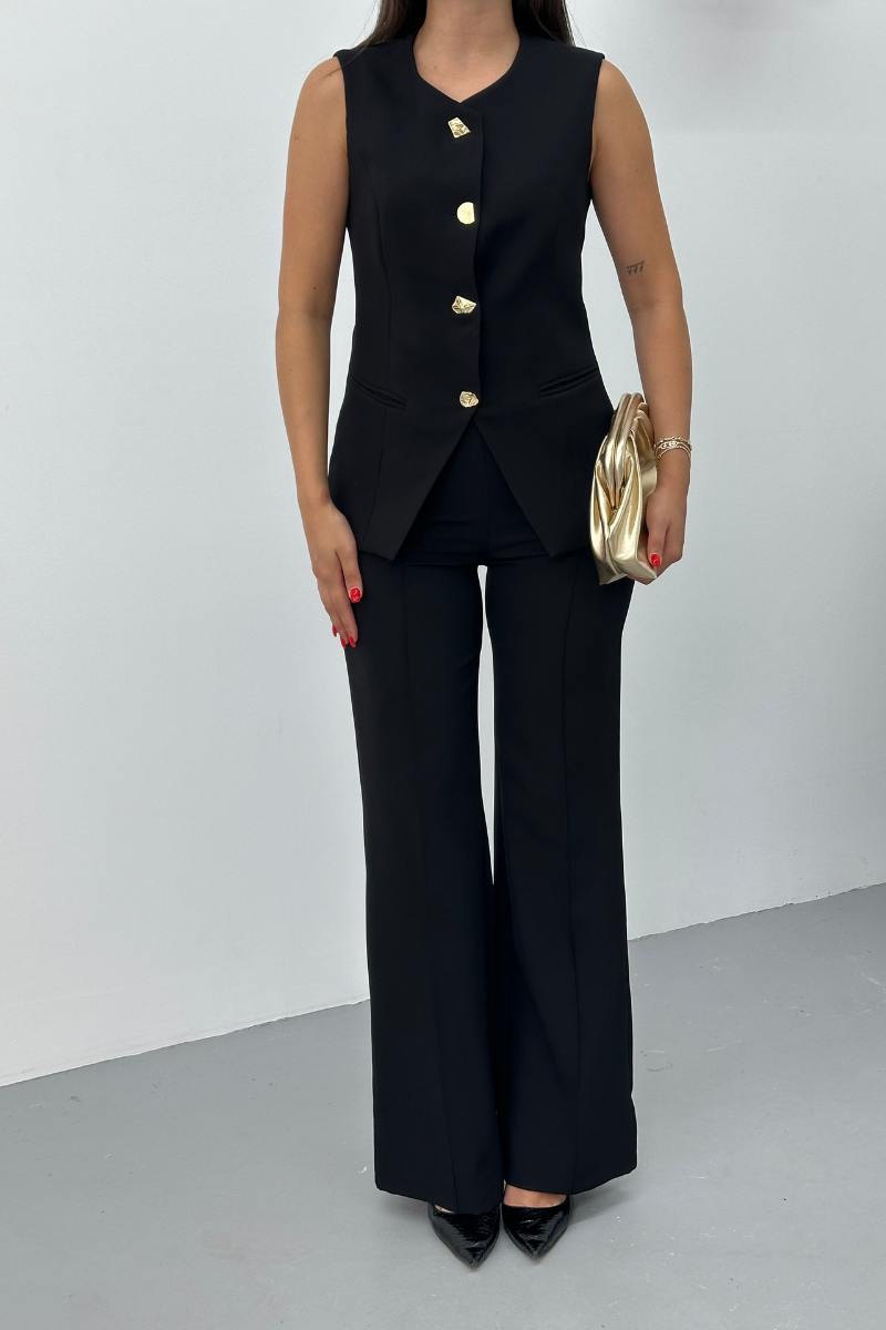 Kadın İkili Alt Üst Takım Şık Düğme Detaylı Bisiklet Yaka Regular Yelek Pantolon Takım