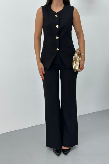 Kadın İkili Alt Üst Takım Şık Düğme Detaylı Bisiklet Yaka Regular Yelek Pantolon Takım