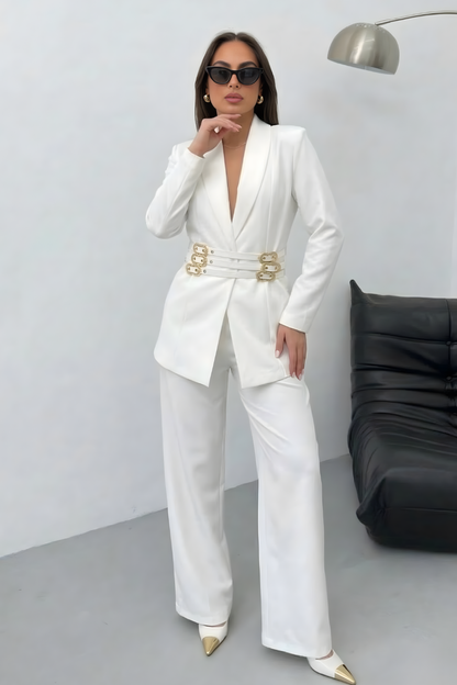 Kadın Siyah İkili Takım Şık Gold Kemerli Vatkalı Blazer Ceket Bol Paça Pantolon Takım