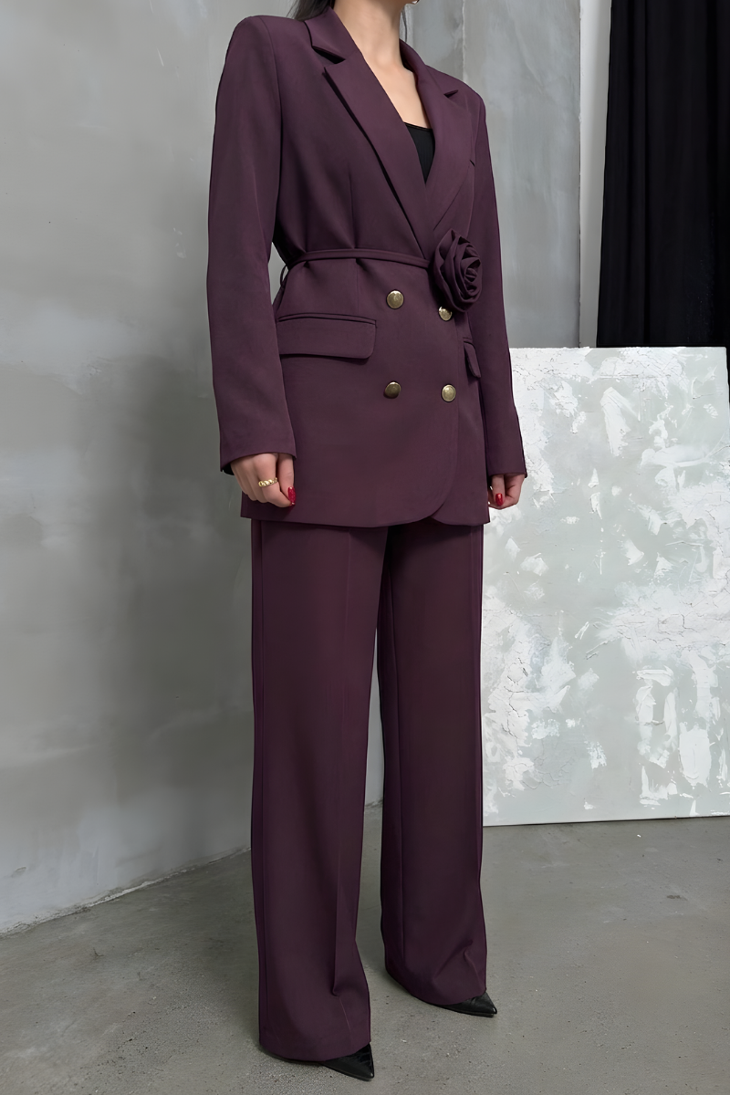 Kadın İkili Blazer Ceket Pantolon Takım Aksesuar ve Düğme Detaylı Bol Paça