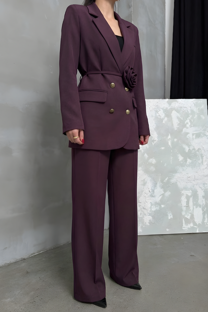 Kadın İkili Blazer Ceket Pantolon Takım Aksesuar ve Düğme Detaylı Bol Paça