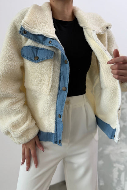 Kadın Ceket Peluş Cepli Fermuarlı Çıtçıtlı Kot Detaylı Ekru Ceket