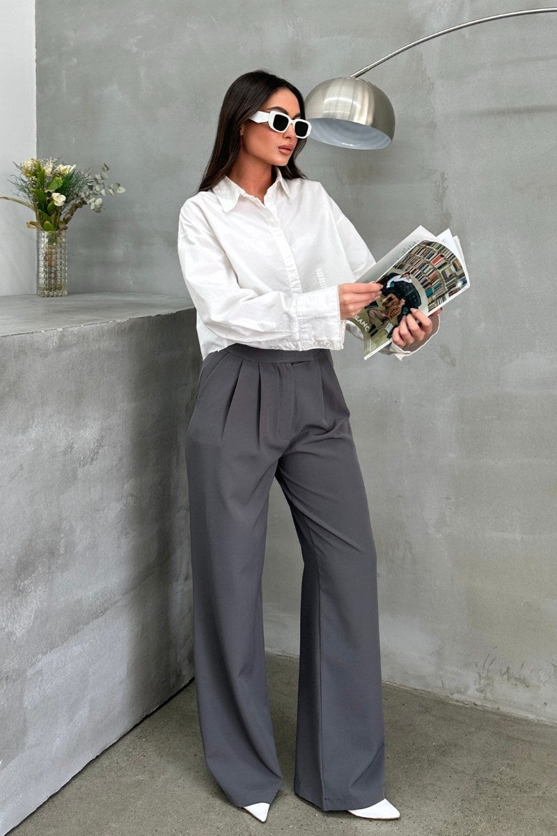 Kadın Palazzo Pantolon Beli Cırtlı Çift Cepli Bol Paça Pantolon