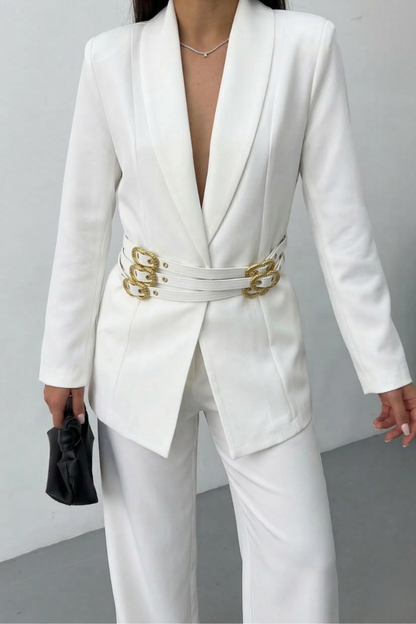 Kadın Siyah İkili Takım Şık Gold Kemerli Vatkalı Blazer Ceket Bol Paça Pantolon Takım