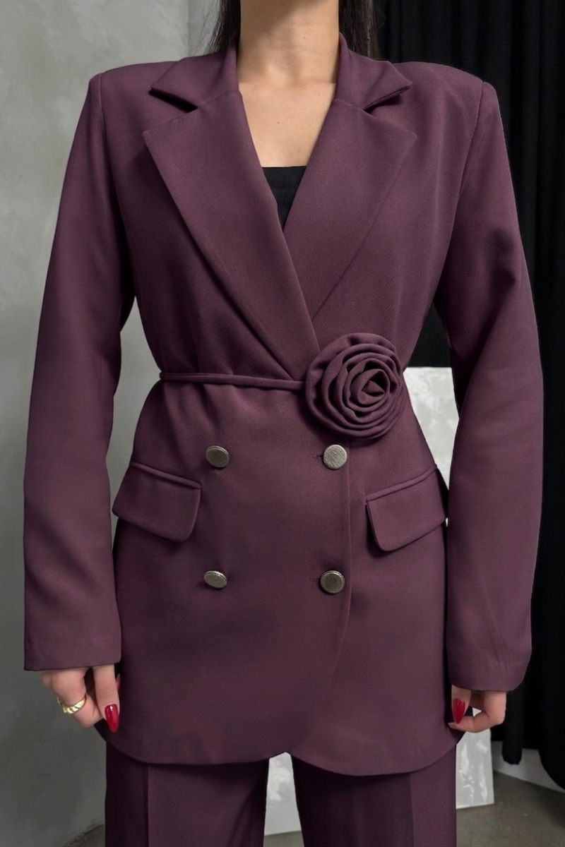 Kadın İkili Blazer Ceket Pantolon Takım Aksesuar ve Düğme Detaylı Bol Paça