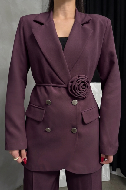 Kadın İkili Blazer Ceket Pantolon Takım Aksesuar ve Düğme Detaylı Bol Paça