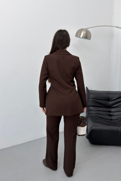 Kadın İkili Alt Üst Takım Şık Gold Tokalı Kuşaklı Blazer Ceket Bol Paça Pantolon Takım