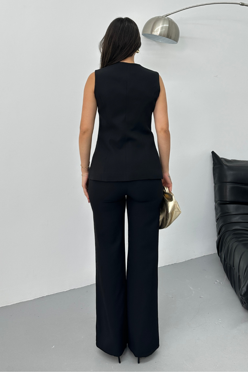 Kadın İkili Alt Üst Takım Şık Düğme Detaylı Bisiklet Yaka Regular Yelek Pantolon Takım