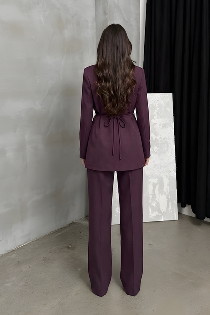 Kadın İkili Blazer Ceket Pantolon Takım Aksesuar ve Düğme Detaylı Bol Paça