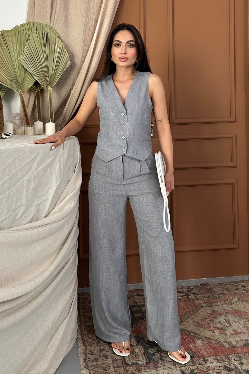Kadın Alt Üst Takım Keten Düğmeli V Yaka Yelek Bol Paça Pantolon Takım