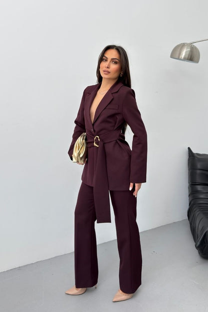 Kadın İkili Alt Üst Takım Şık Gold Tokalı Kuşaklı Blazer Ceket Bol Paça Pantolon Takım