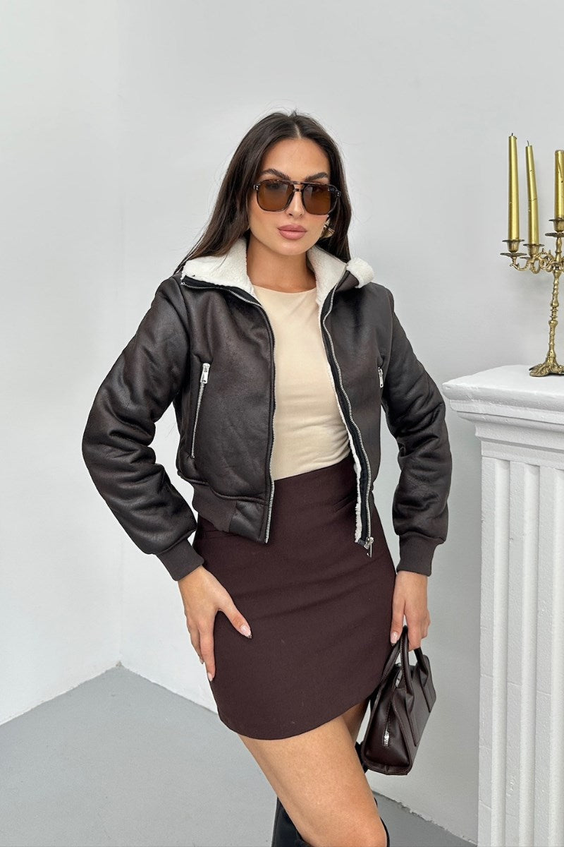 Kadın Ceket Kısa Süet İçi Kürklü Fermuarlı Çift Cepli Ribanalı Kısa Mont