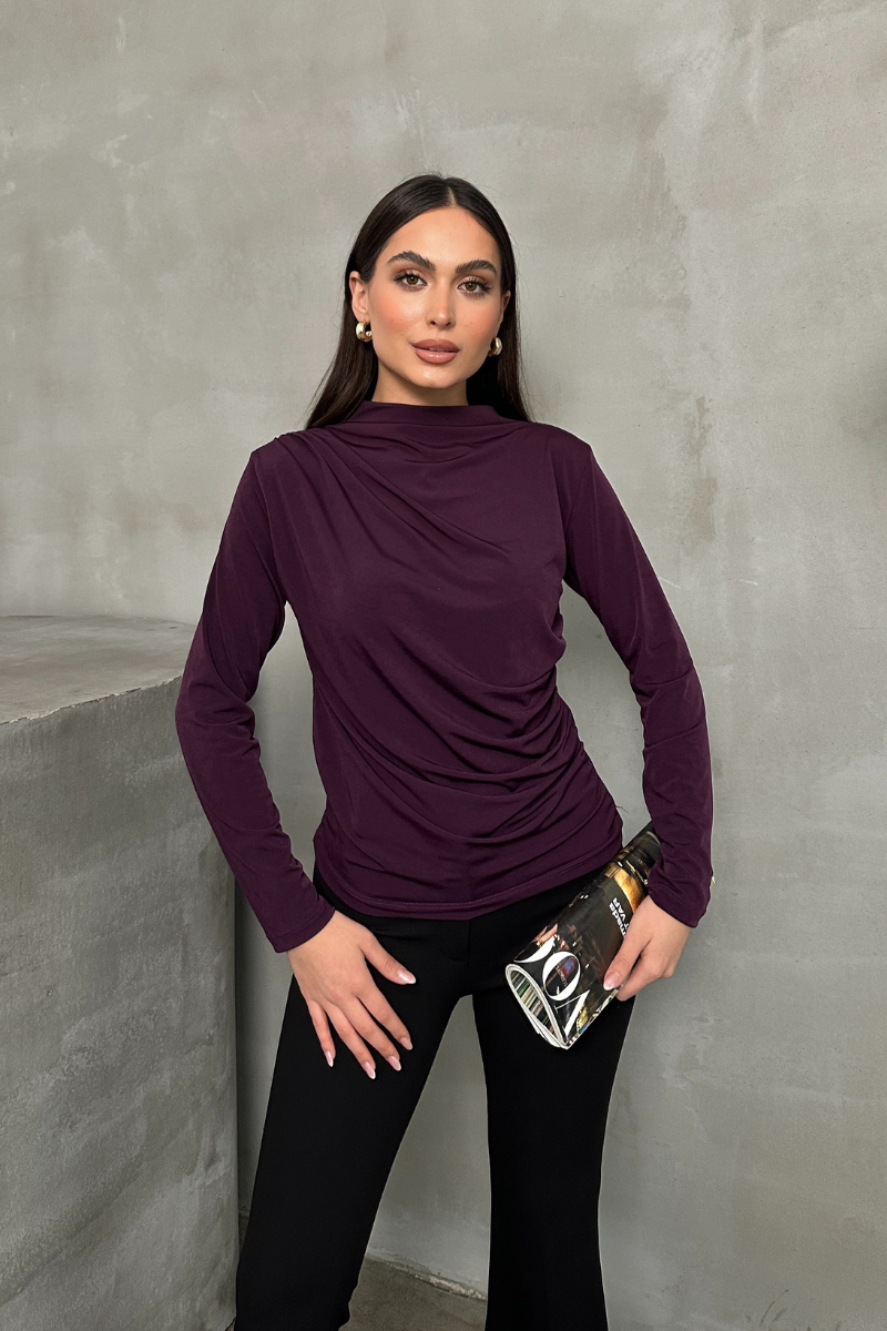 Kadın Bluz Drapeli Uzun Kollu Sandy Kumaş