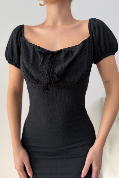 Kadın Elbise Mini Yazlık Kısa Kollu Yaka Detaylı Esnek Bodycon Elbise