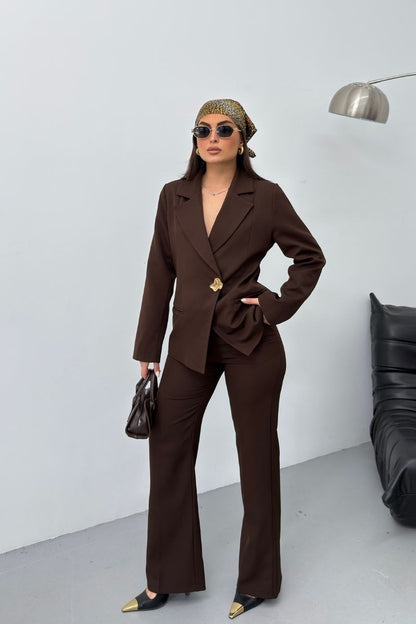 Kadın İkili Alt Üst Takım Şık Gold Düğmeli Fleto Cepli Blazer Ceket Bol Paça Pantolon Takım