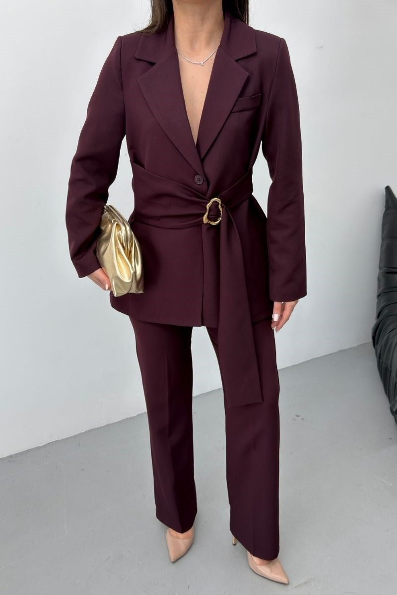 Kadın İkili Alt Üst Takım Şık Gold Tokalı Kuşaklı Blazer Ceket Bol Paça Pantolon Takım