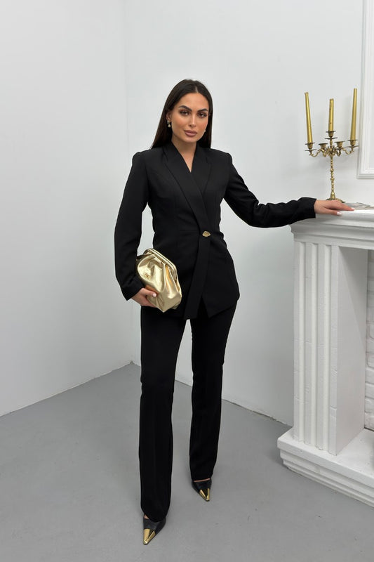 Kadın İkili Alt Üst Takım Şık Oval Ön Kapamalı Gold Düğmeli Blazer Ceket Pantolon Takım