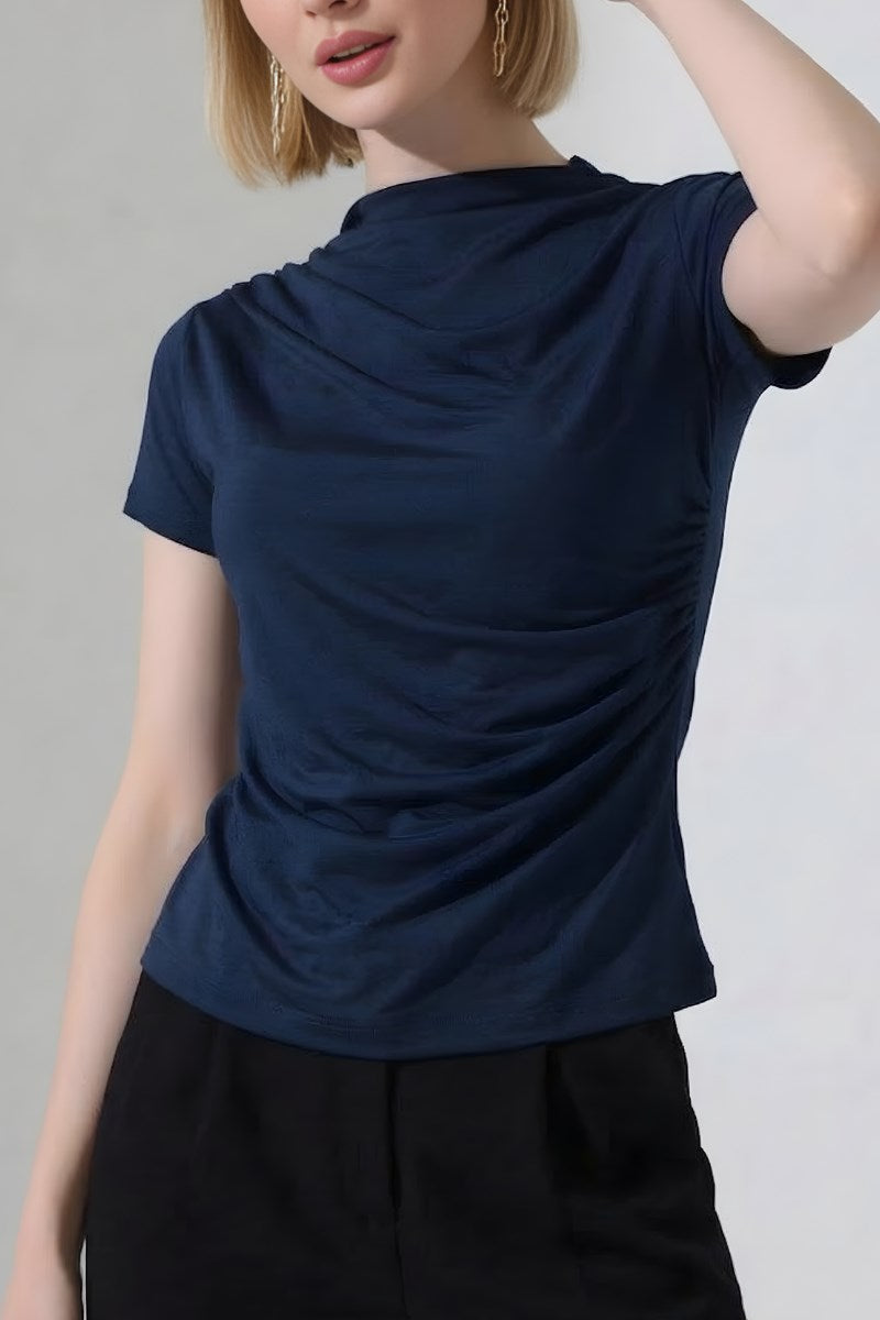 Kadın T-Shirt Kısa Kollu Drape Detaylı Yaka ve Beli Büzgülü Sandy Kumaş Likralı Bluz