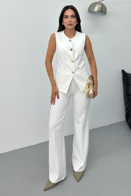 Kadın İkili Alt Üst Takım Şık Düğme Detaylı Bisiklet Yaka Regular Yelek Pantolon Takım