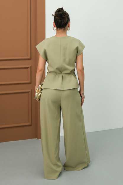 Kadın İkili Alt Üst Takım Bağcıklı Bol Kesim Dökümlü Yazlık Kısa Kollu Kimono Ceket Palazzo Pantolon