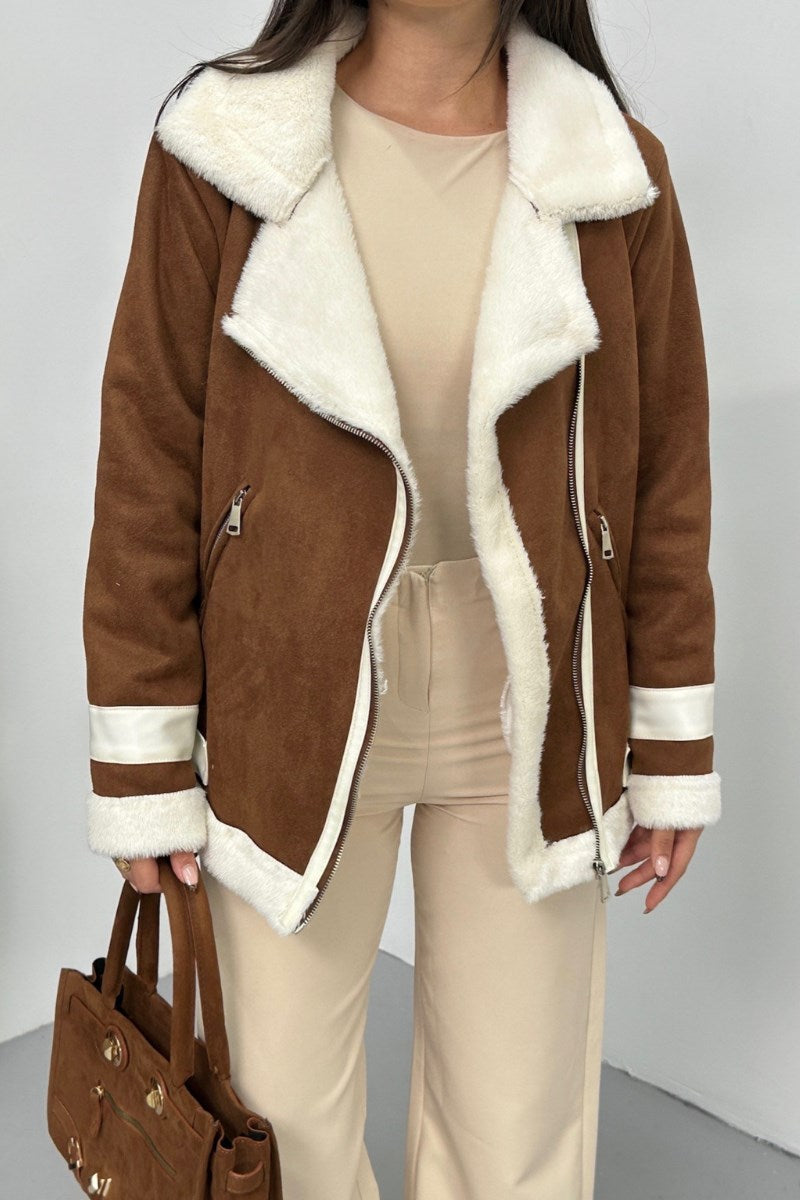 Kadın Süet Mont Oversize İçi Kürklü Fermuarlı Cepli Kol Detaylı Ceket Yaka Kışlık Kaban