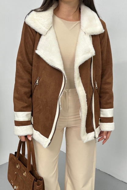 Kadın Süet Mont Oversize İçi Kürklü Fermuarlı Cepli Kol Detaylı Ceket Yaka Kışlık Kaban