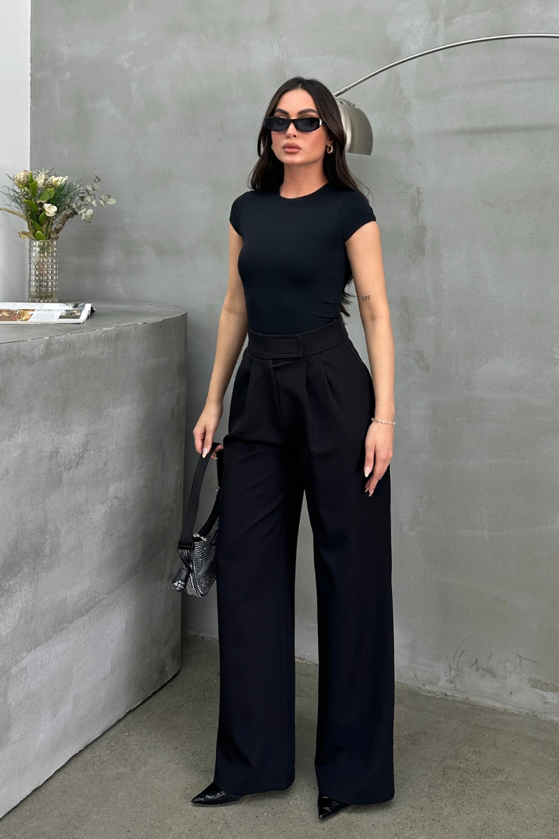 Kadın Palazzo Pantolon Beli Cırtlı Çift Cepli Bol Paça Pantolon