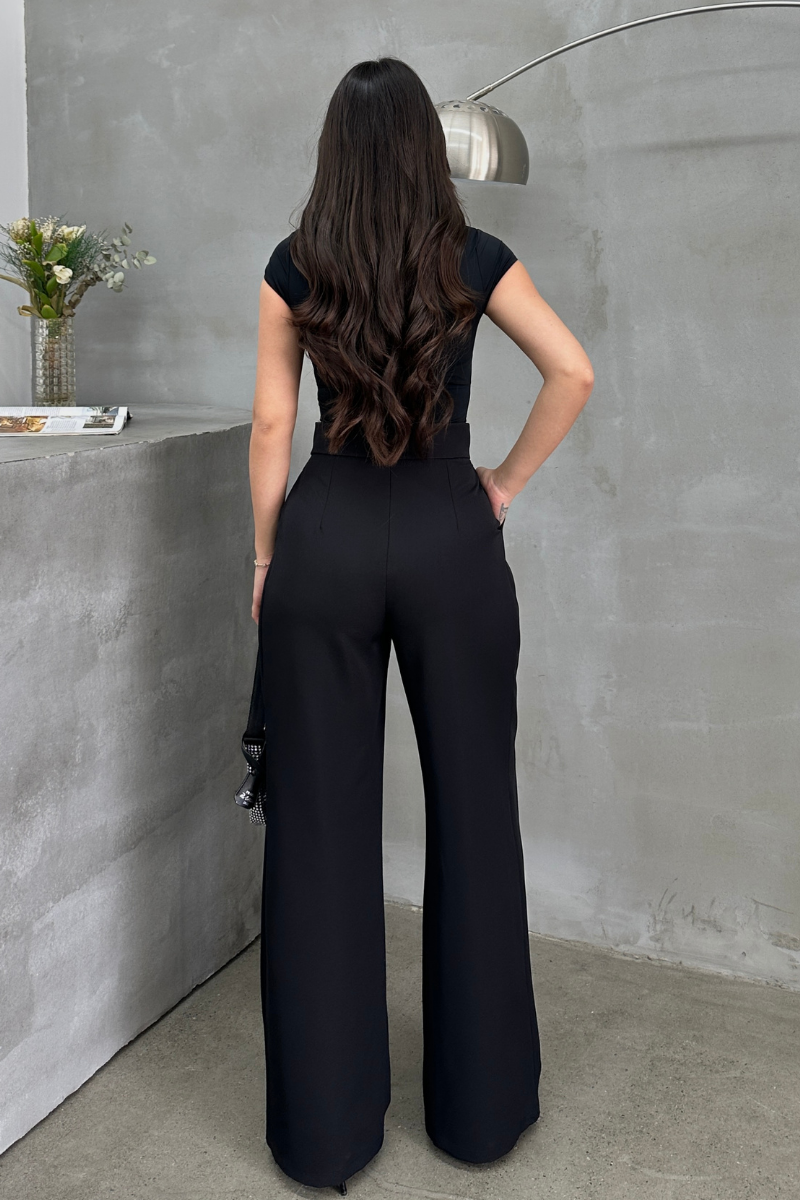 Kadın Palazzo Pantolon Beli Cırtlı Çift Cepli Bol Paça Pantolon