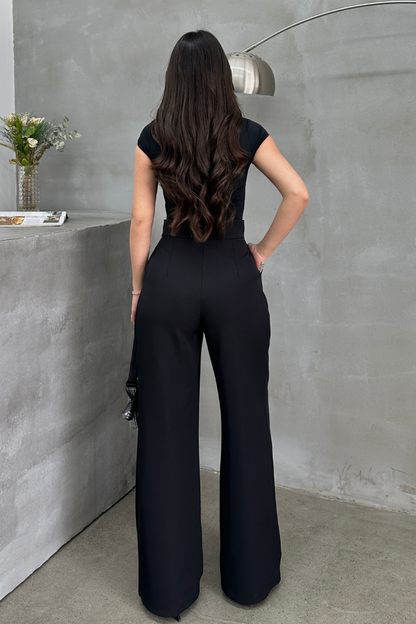 Kadın Palazzo Pantolon Beli Cırtlı Çift Cepli Bol Paça Pantolon