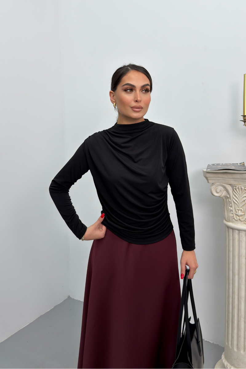 Kadın Bluz Drapeli Uzun Kollu Sandy Kumaş Yüksek Yakalı Likralı Bluz