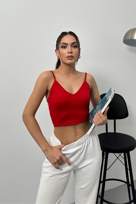 Kadın Crop Top Askılı V Yaka Büstiyer BEYAZ L