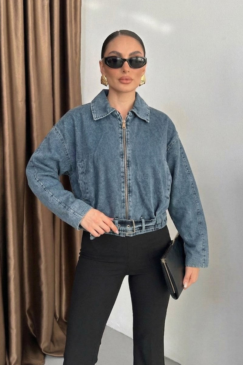 Kadın Kot Ceket Kısa Fermuarlı Uzun Kollu Düşük Omuz Kemerli Cepli Dikiş Detaylı Kısa Denim Mont