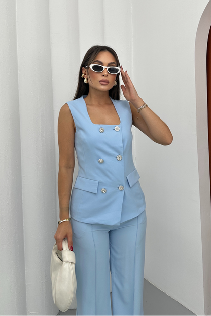 Kadın İkili Alt Üst Takım Şık Düğme Detaylı Kare Yaka Yelek Pantolon Takım