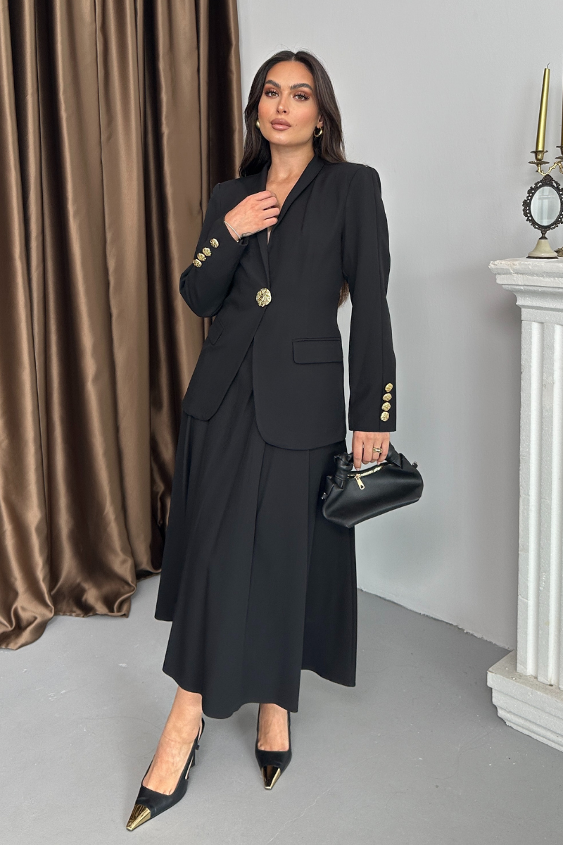 Kadın İkili Takım Şık Düğme Detaylı Dik Yaka Blazer Ceket Uzun Etek Takım