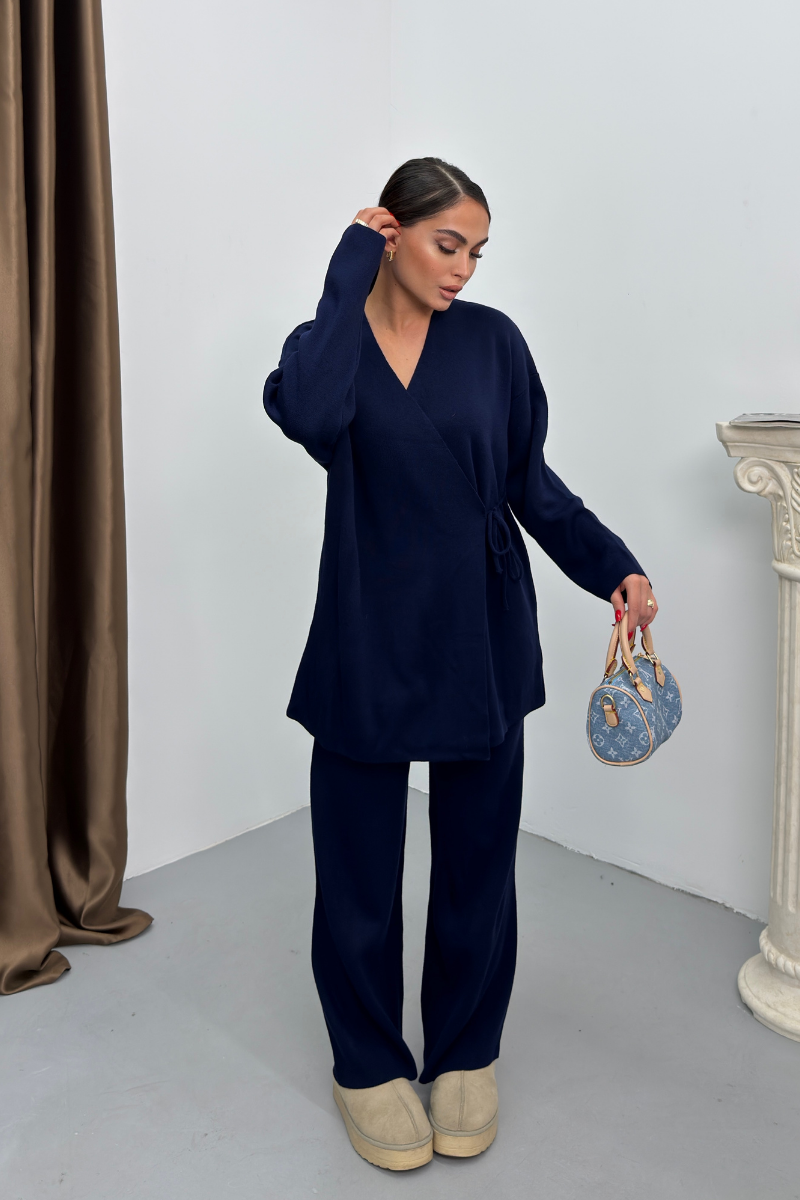 Kadın İkili Alt Üst Takım Triko Yandan Bağcıklı Kruvaze Hırka Bol Paça Pantolon Örme Takım